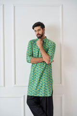 Men Green Regular Pure Cotton Pathani Kurta With Black Salwar