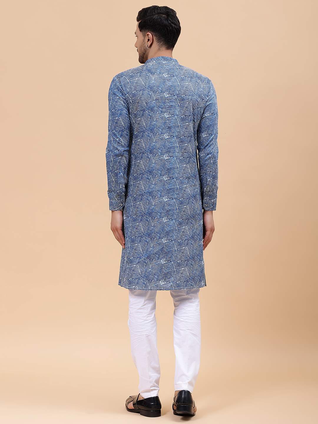 Men Blue Pure Cotton Printed Straight Kurta With Pajama