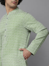 Men Green-Coloured & White Printed Pure Cotton Straight Kurta