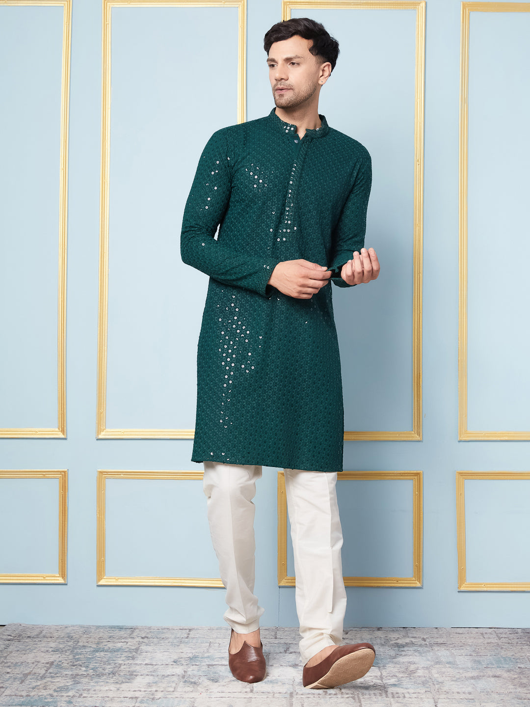 Men Emerald Radiance Embroidered Sequined Rayon Kurta