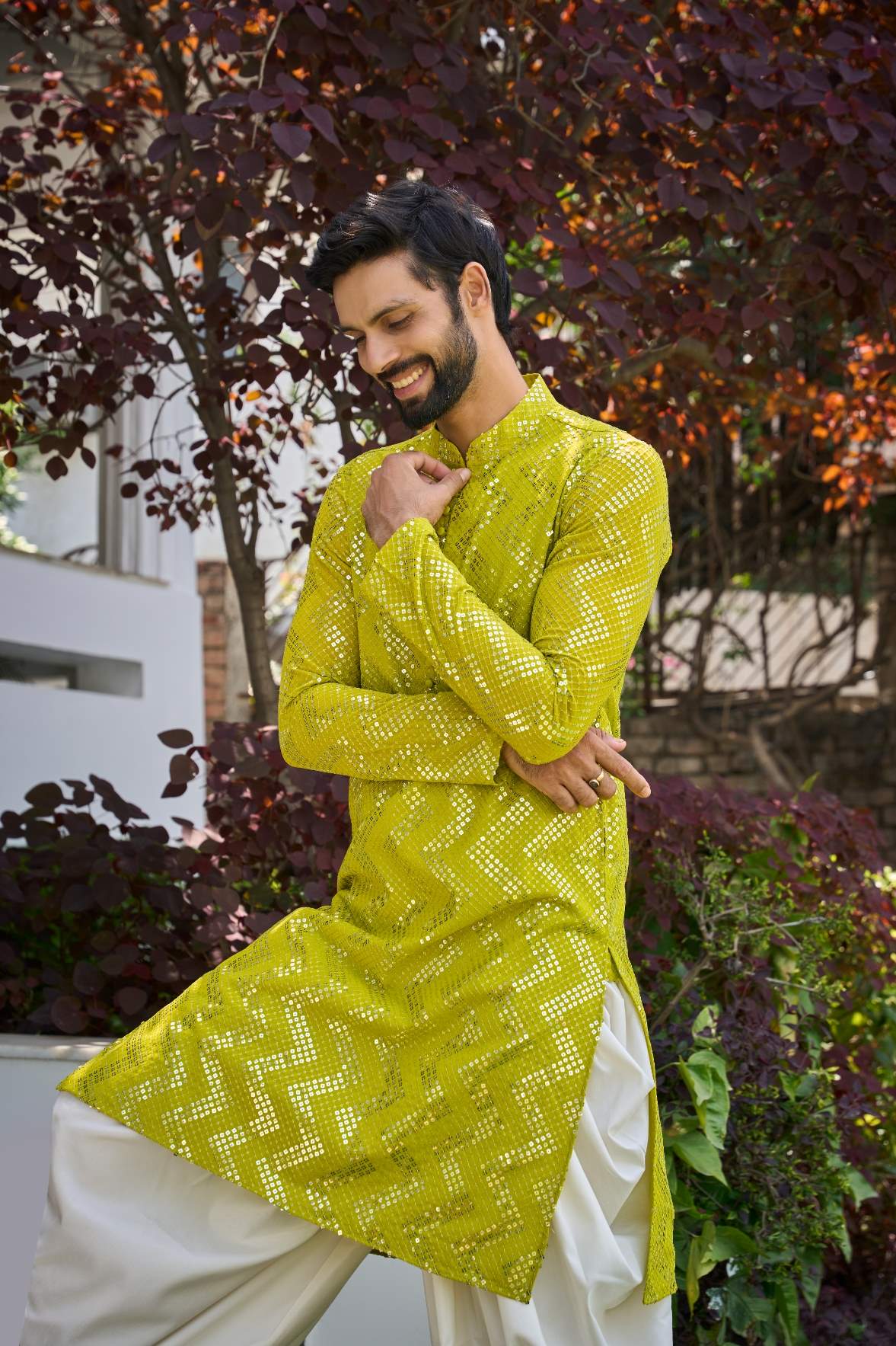 Men Lime Green Sequins Woven Designs Kurta