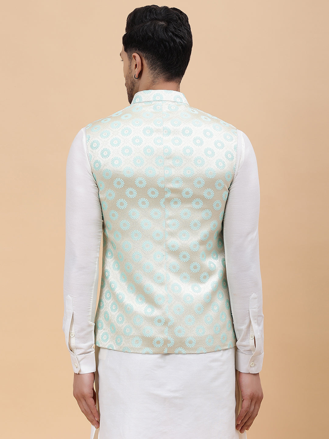 Men Off White Kurta Pajama & Gold Turquoise Blue Woven Design Jacquard Nehru jacket