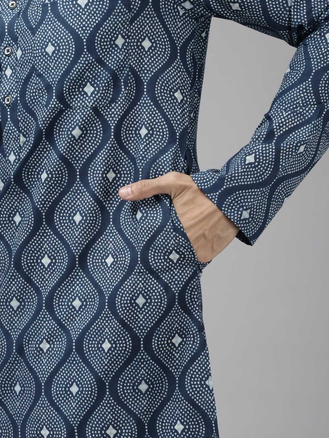 Men Blue & Charcoal Printed Straight Kurta With Pajama