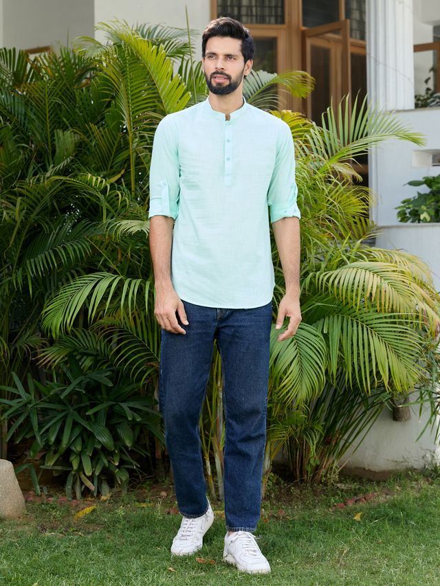 Men Pack Of 2 Green & Pink Cotton Solid Short Kurta