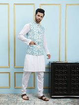 Men Aqua Prism Digital Print Cotton Nehru Jacket