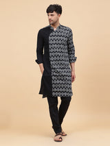 Men White and Black Ikat Printed Kurta With pyjama
