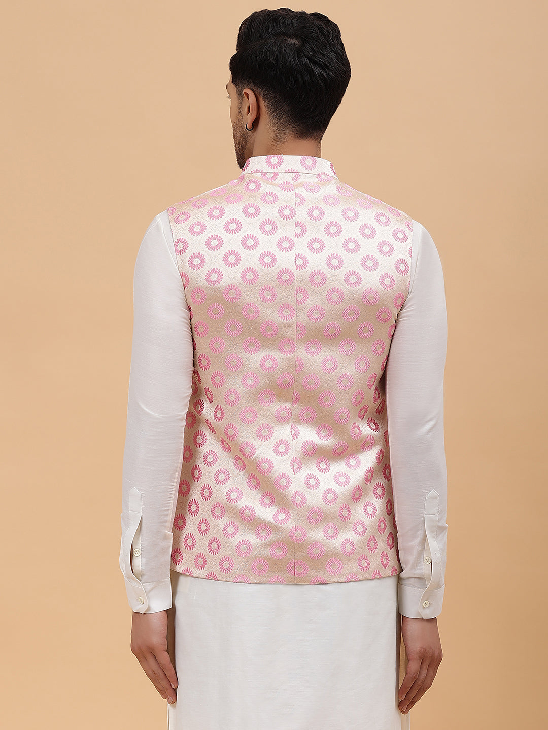 Men Gold & Pink Woven Design Jacquard Nehru Jacket