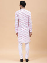 Men White & Orange Pure Cotton Embroidered Straight Kurta With pyjama