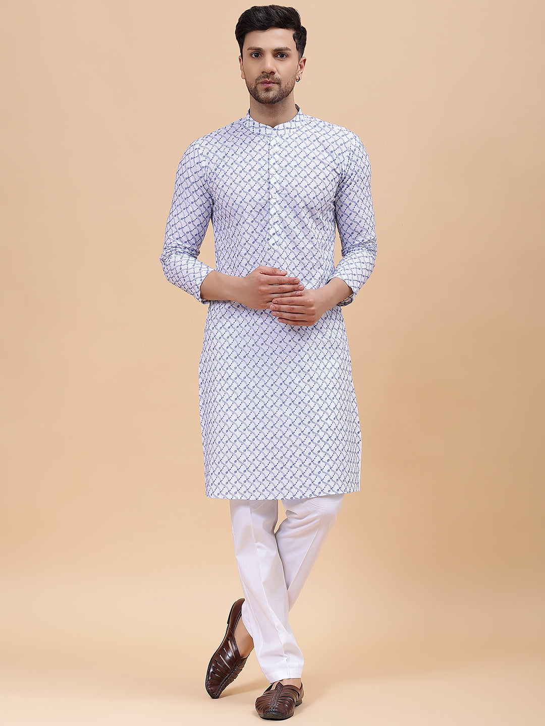 Men White & Blue Pure Cotton Embroidered Straight Kurta