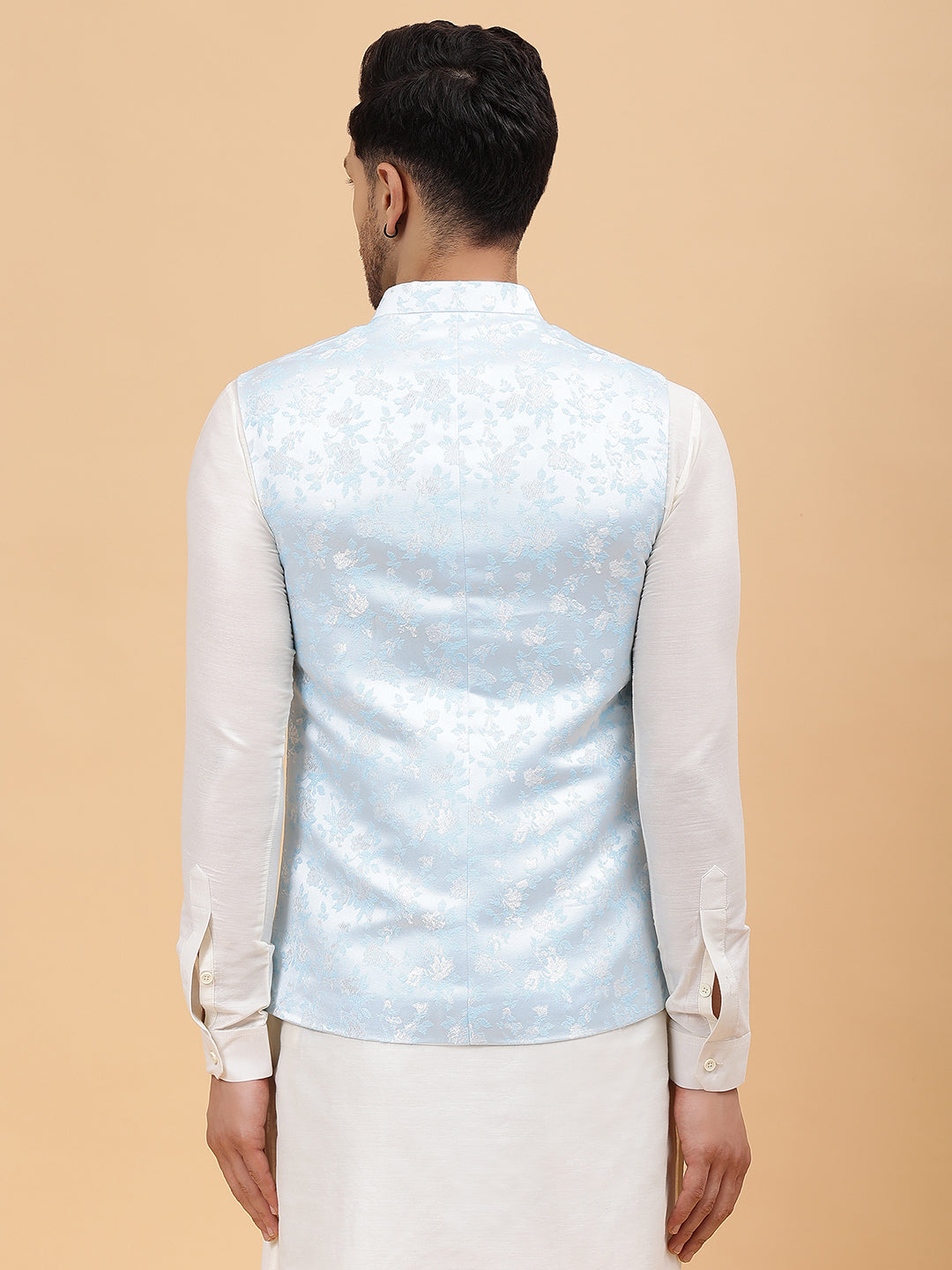 Men Turquoise Blue & Gold Woven Design Jacquard Nehru Jacket