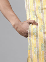 Yellow Regular Pure Cotton Pathani Printed Men's Kurta With White Salwar