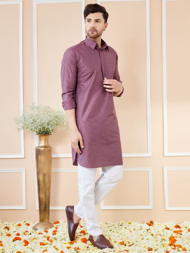 Men Purple Cotton Solid Pathani Kurta