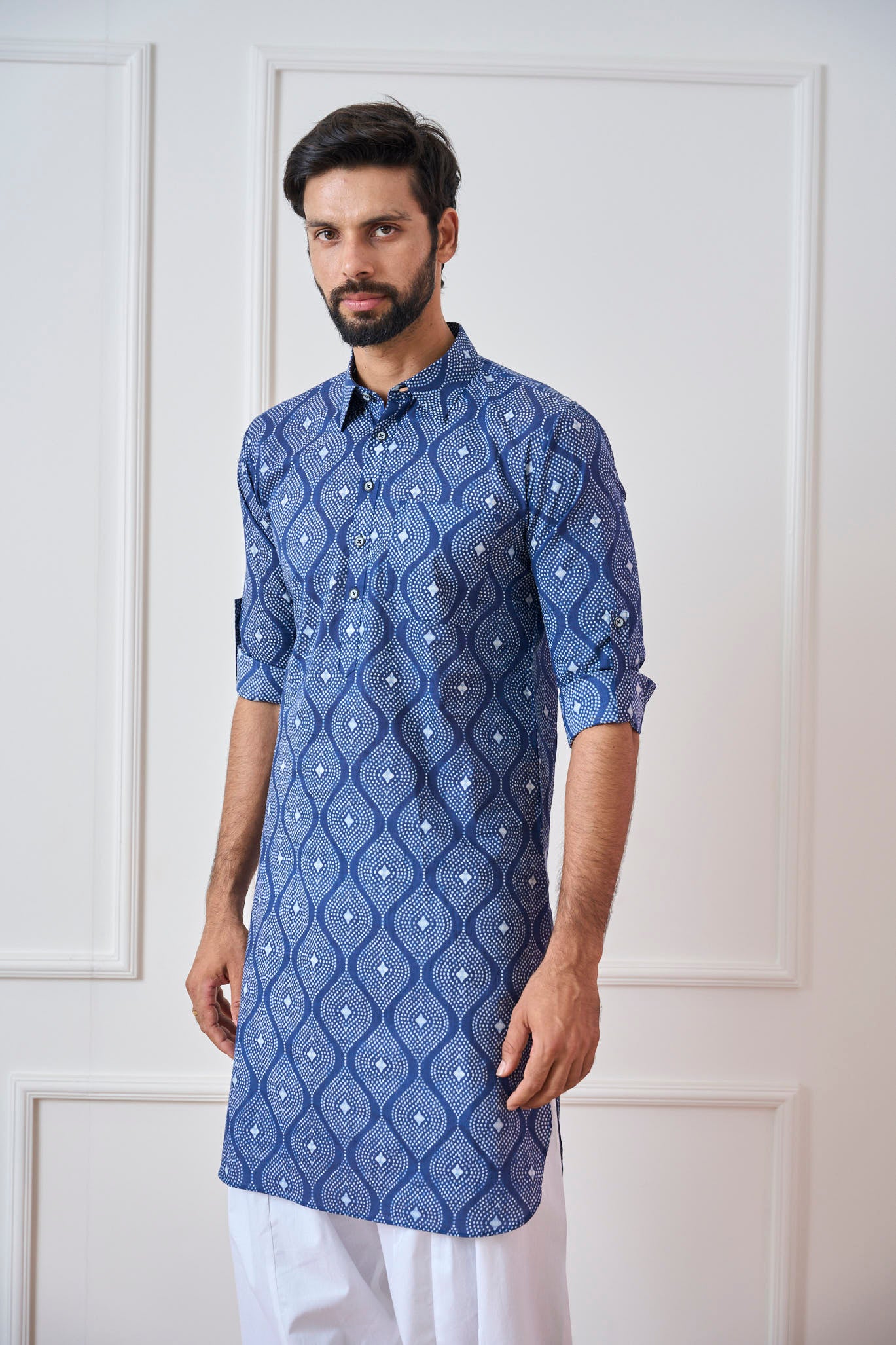 Men Navy Blue Waves Pure Cotton Pathani Kurta