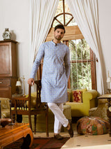 Men Sky Blue And White Cotton Leaf Print Straight Kurta With Pajama