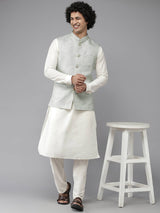 Men Aqua Blue & White Solid Kurta Pajama With Nehru Jacket