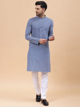 Men Blue & Grey Pure Cotton Printed Straight Kurta With pyjama