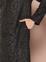 Men Black Embroidered Thread Work Chanderi Silk Straight Kurta