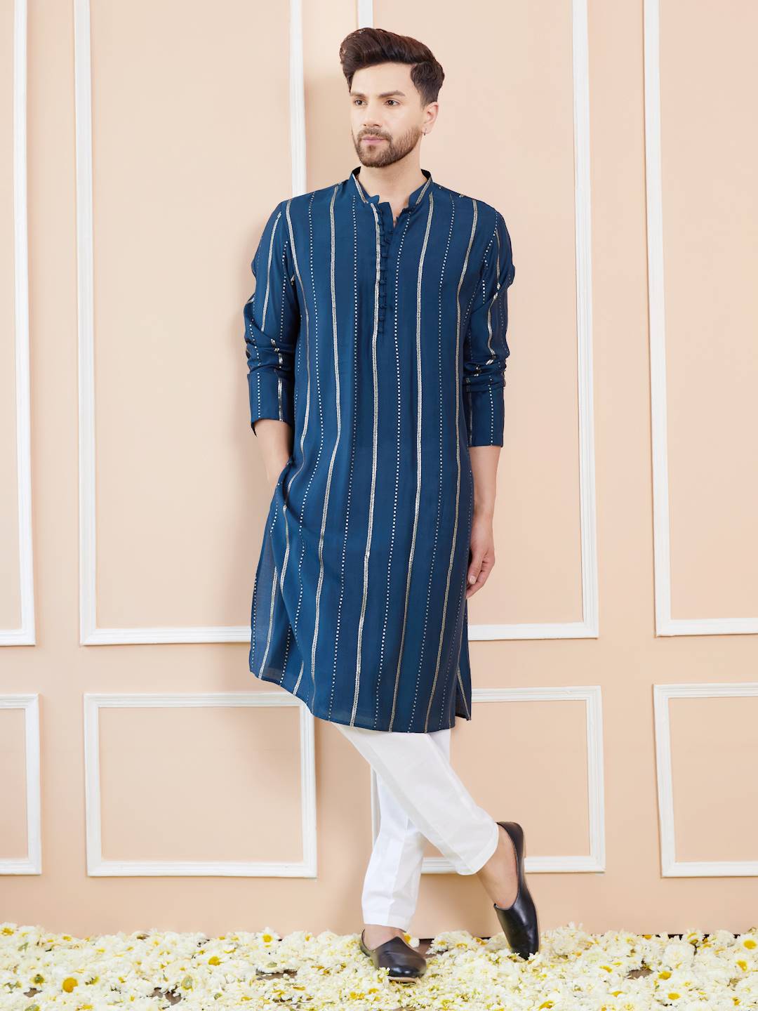 Men Deep Midnight Blue with Gold Stripes Chanderi Silk Sequins Kurta With Pajama