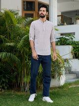 Brown Woven Striped Cotton Short Kurta
