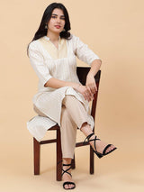 Women Off White And Gold Stripe Thread Work Yoke Design Cotton Kurti