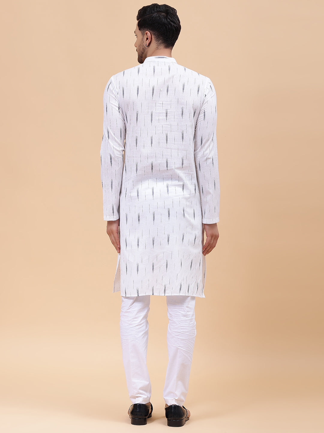 Men White & Black Pure Cotton Embroidered Straight Kurta