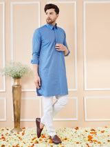 Men Blue Cotton Solid Pathani Kurta