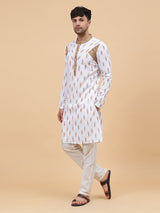 Men White and Brown Printed Kurta With pyjama