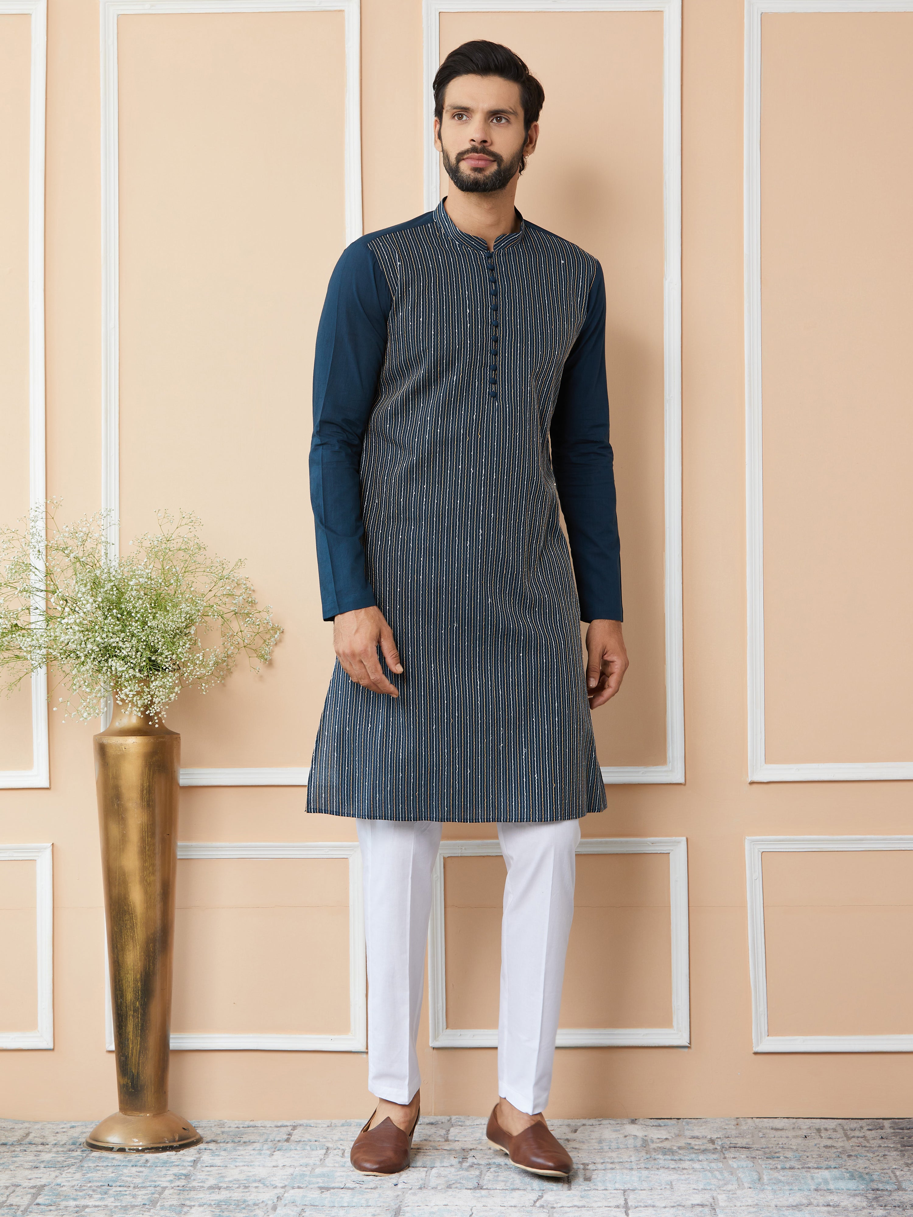 Dark Blue Thread & Sequins Worked Pure Cotton Straight Kurta with Pyjama