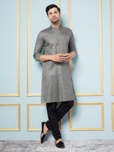 Men Charcoal & Gold Woven Design Thread Work Kurta