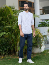 White Geometric Printed Rayon Short Kurta