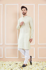 Men Cream with Subtle Golden Stripes Chanderi Silk Sequins Kurta With Pajama