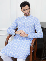 Men Blue And White Embroidered Cotton Kurta