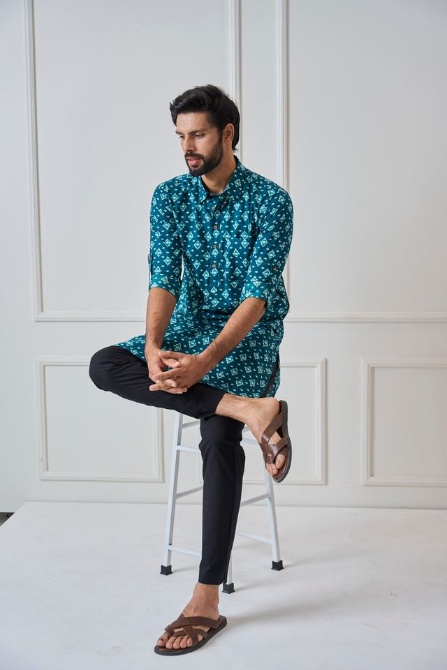 Men Teal Blue Regular Pure Cotton Pathani Kurta With Black Pyjama