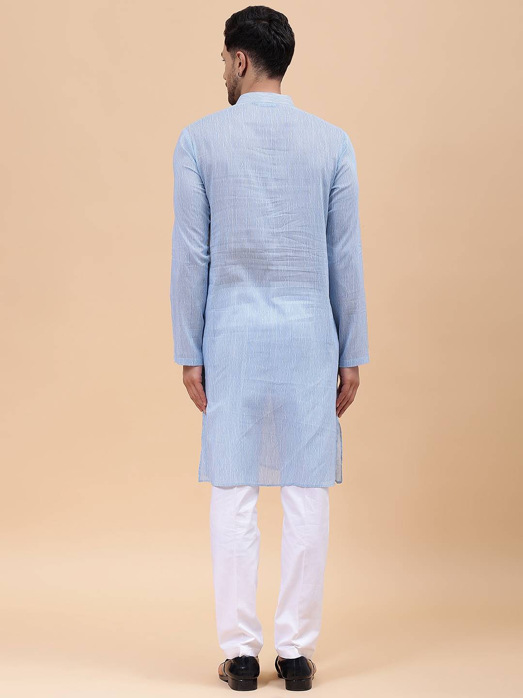 Men Sky Blue & White Pure Cotton Embroidered Straight Kurta With Pajama