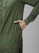 Men Green & Beige Toned Woven Design Thread Work Kurta