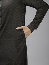 Men Olive & Beige Wave Woven Design Thread Work Kurta