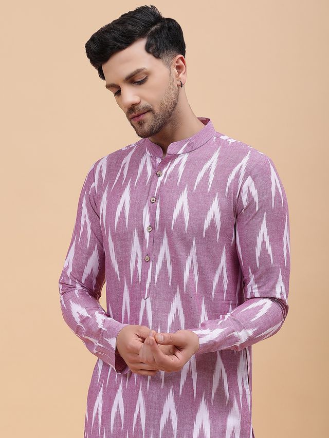 Men Lavender & White Pure Cotton Printed Straight Kurta With pyjama