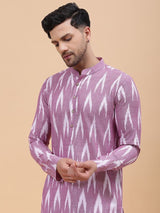 Men Lavender & White Pure Cotton Printed Straight Kurta With pyjama
