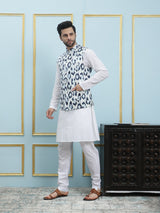 Men White And Blue Color Printed Cotton Nehru Jacket