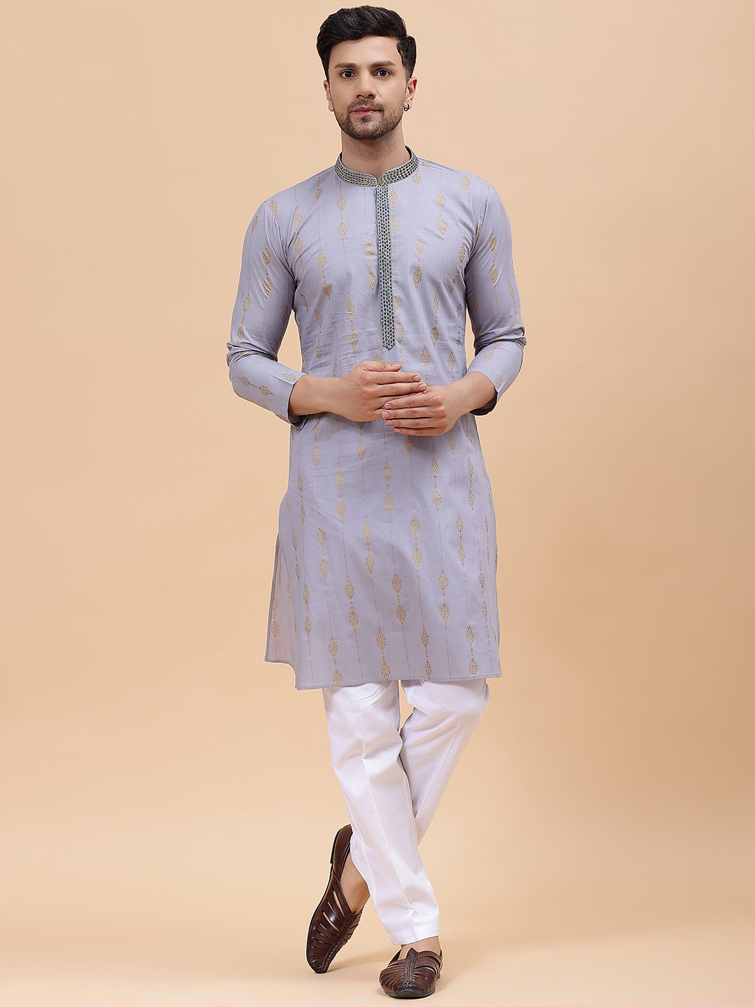 Men Grey & Gold Pure Cotton Embroidered Straight Kurta With pyjama