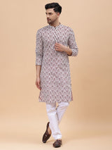 Men Off White & Maroon Pure Cotton Printed Straight Kurta With pyjama