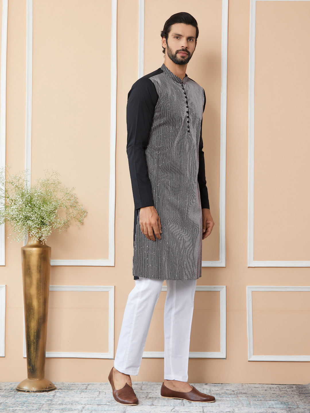 Black Thread & Sequins Worked Pure Cotton Straight Kurta with Pyjama