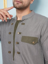 Men Grey Melange And Thread Work Kurta