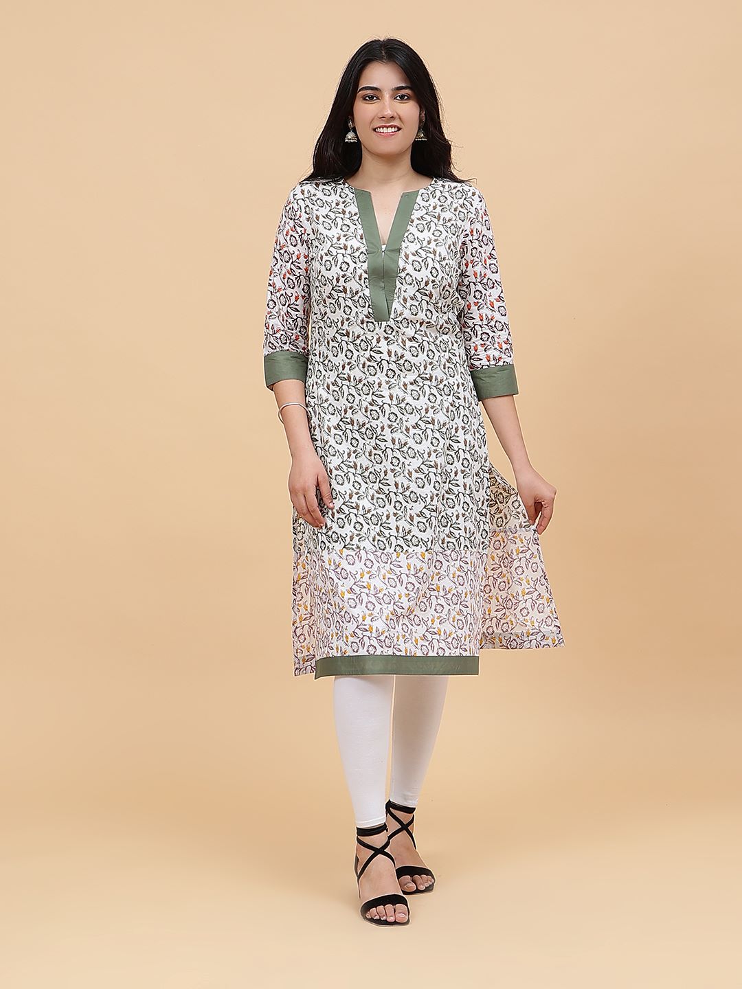 Women Multi Color Floral Printed Yoke Design Cotton Kurti