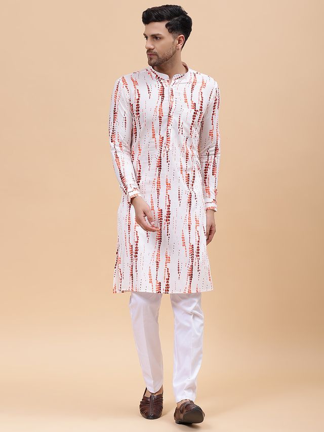 Men White & Orange Pure Cotton Printed Straight Kurta With pyjama