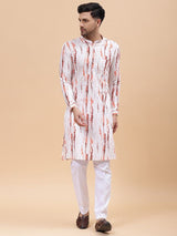 Men White & Orange Pure Cotton Printed Straight Kurta With pyjama