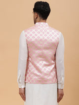 Men Off White Kurta Pajama & Gold with Pink Woven Design Jacquard Nehru jacket