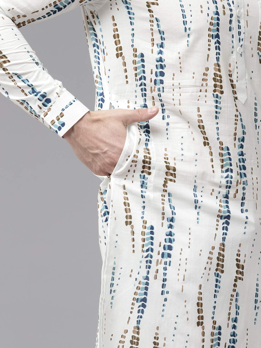 Men White with Blue and Brown Pure Cotton Printed Straight Kurta With Pajama