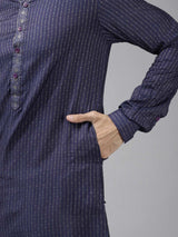 Men Blue & Beige Toned  Woven Design Thread Work Kurta