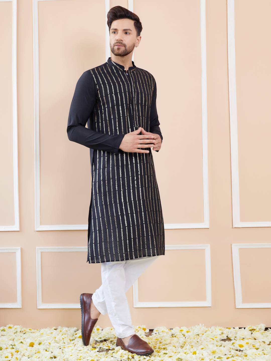 Men Deep Black with Gold Accents Chanderi Silk Sequins Kurta With Pajama